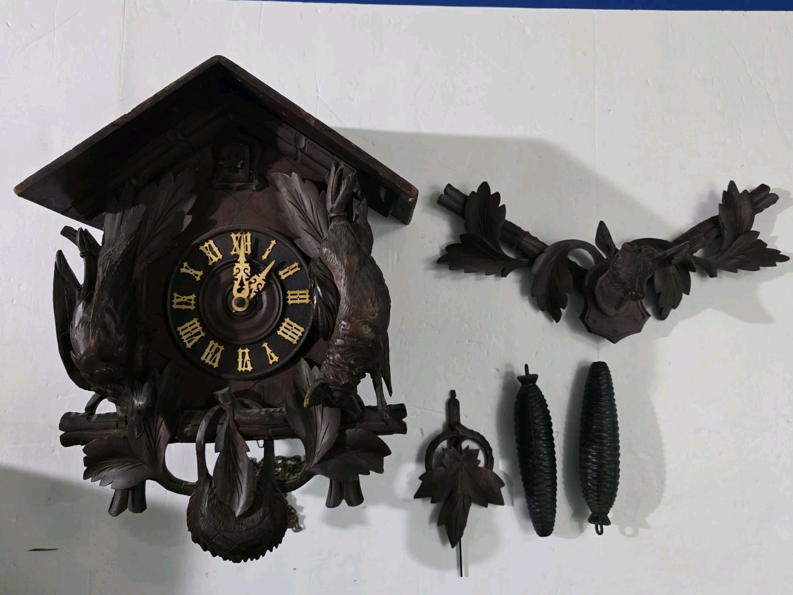 Vintage G.K. Cuckoo Clock Geo Kuehl & Co Deer Pine Cone Weights For Parts Repair