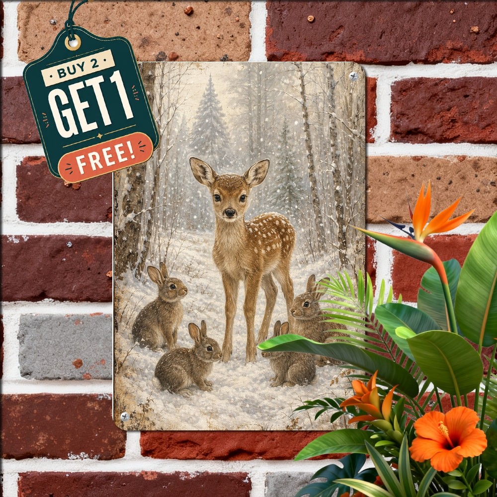 Winter Deer Forest Snow Landscape Metal Sign Wildlife Scenery Wall Decor