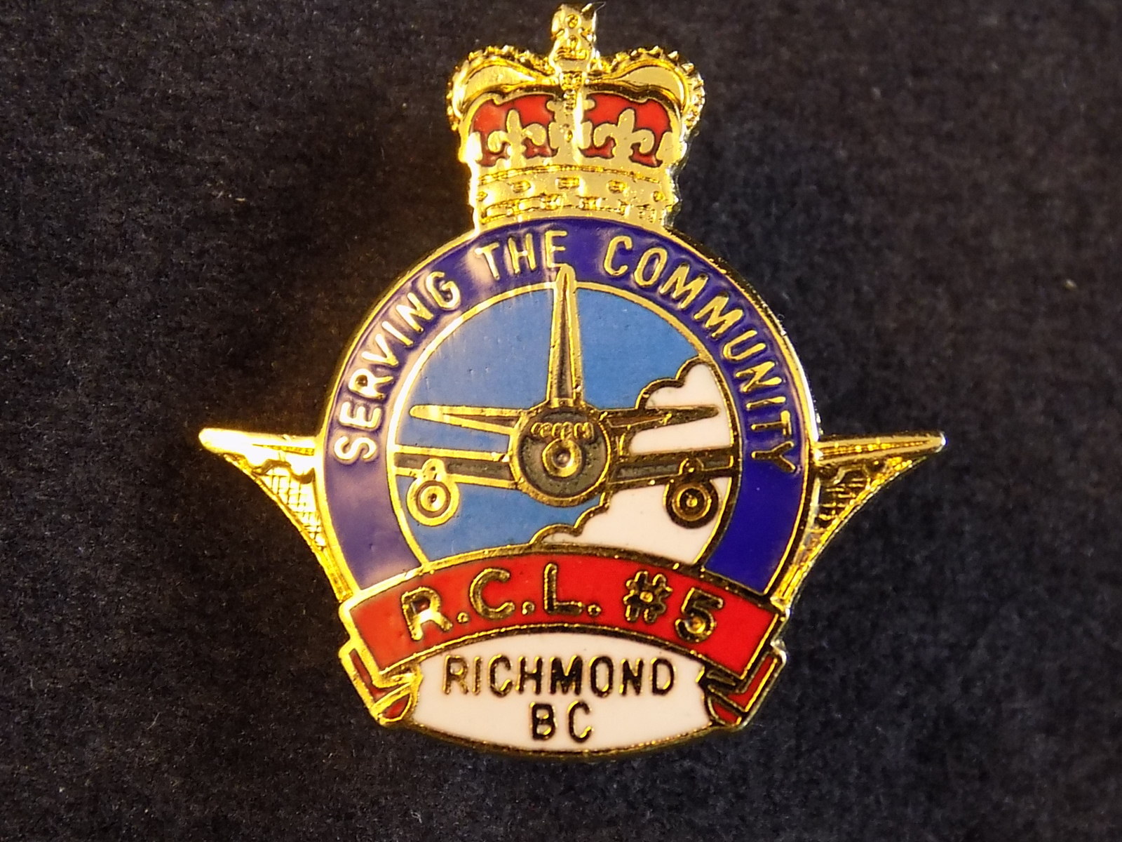 Vintage PIN BACK RCL # 5 RICHMOND SERVING THE COMMUNITY BC Gold Tone Enamel  1\