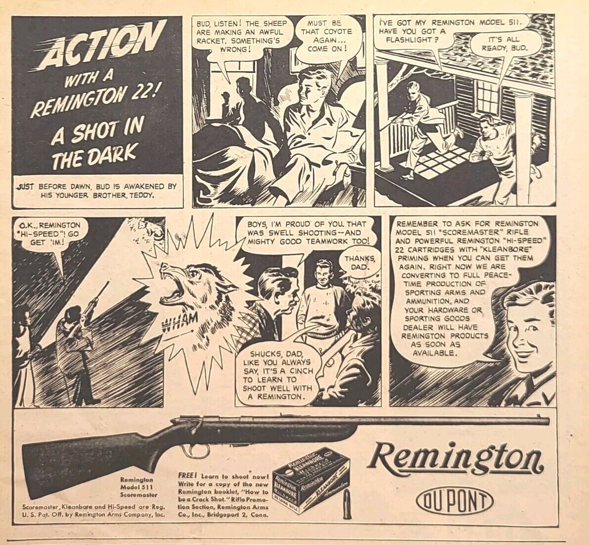 Remington Model 511 Scoremaster .22 Rifle Coyote Sheep Boy Vintage Print Ad 1945