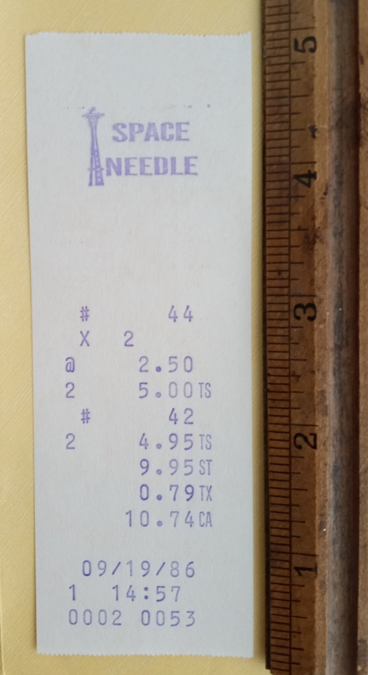 SEATTLE WASHINGTON SPACE NEEDLE 9/19/1986 RECEIPT FOR  TICKETS + 1962 ENVELOPE