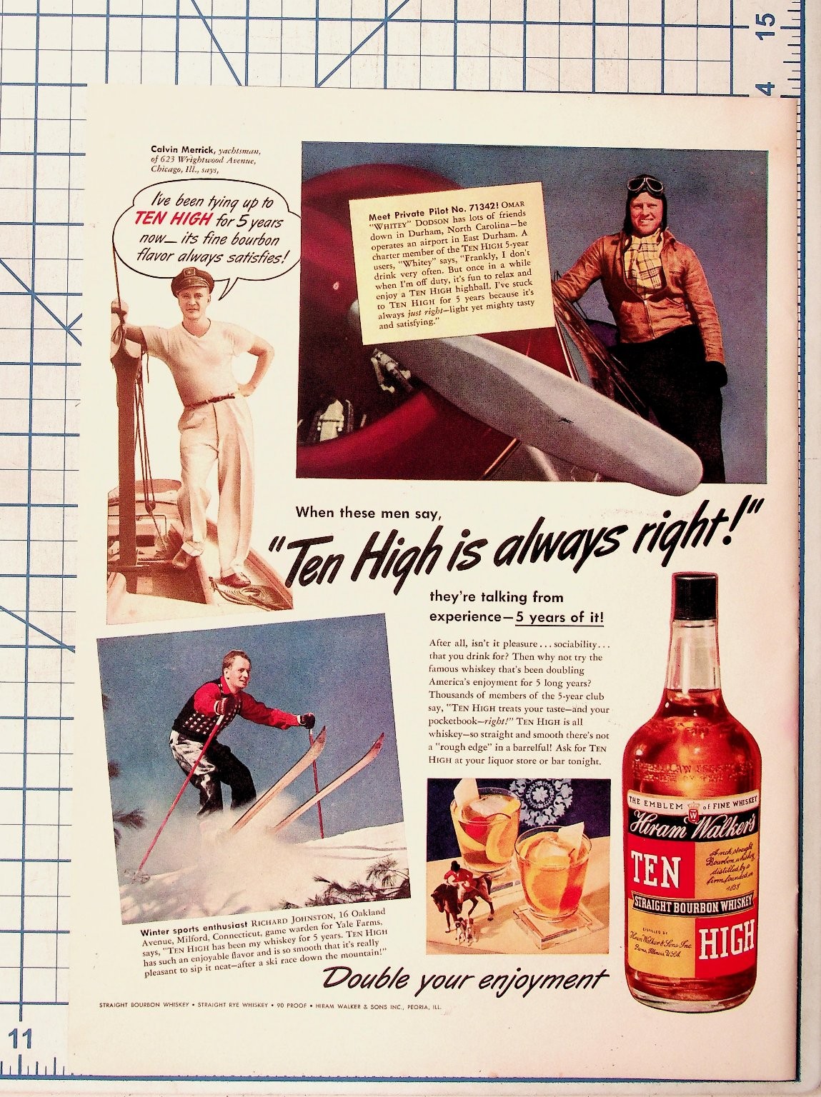 1941 Hiram Walker's Ten High Whiskey Vintage Ad - Pilot Skier Yachtsman