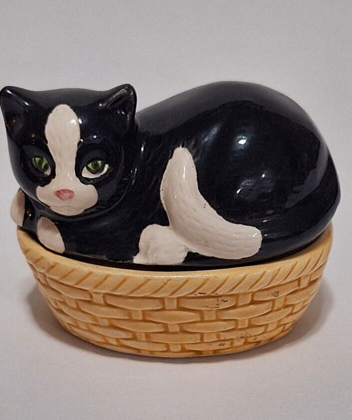 Tuxedo Cat Basket Figurine