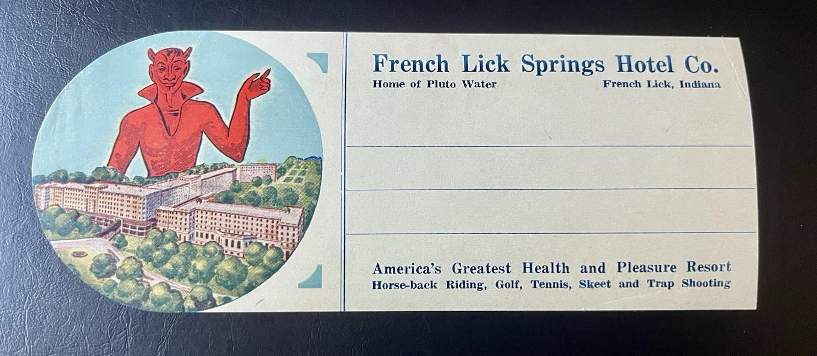 French Lick Springs Hotel Luggage Label  Original 1930’s Indiana U.S.A