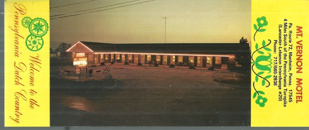 XL CARD OF THE MT. VERNON MOTEL ON PA RT 72 IN MANHEIM, PA