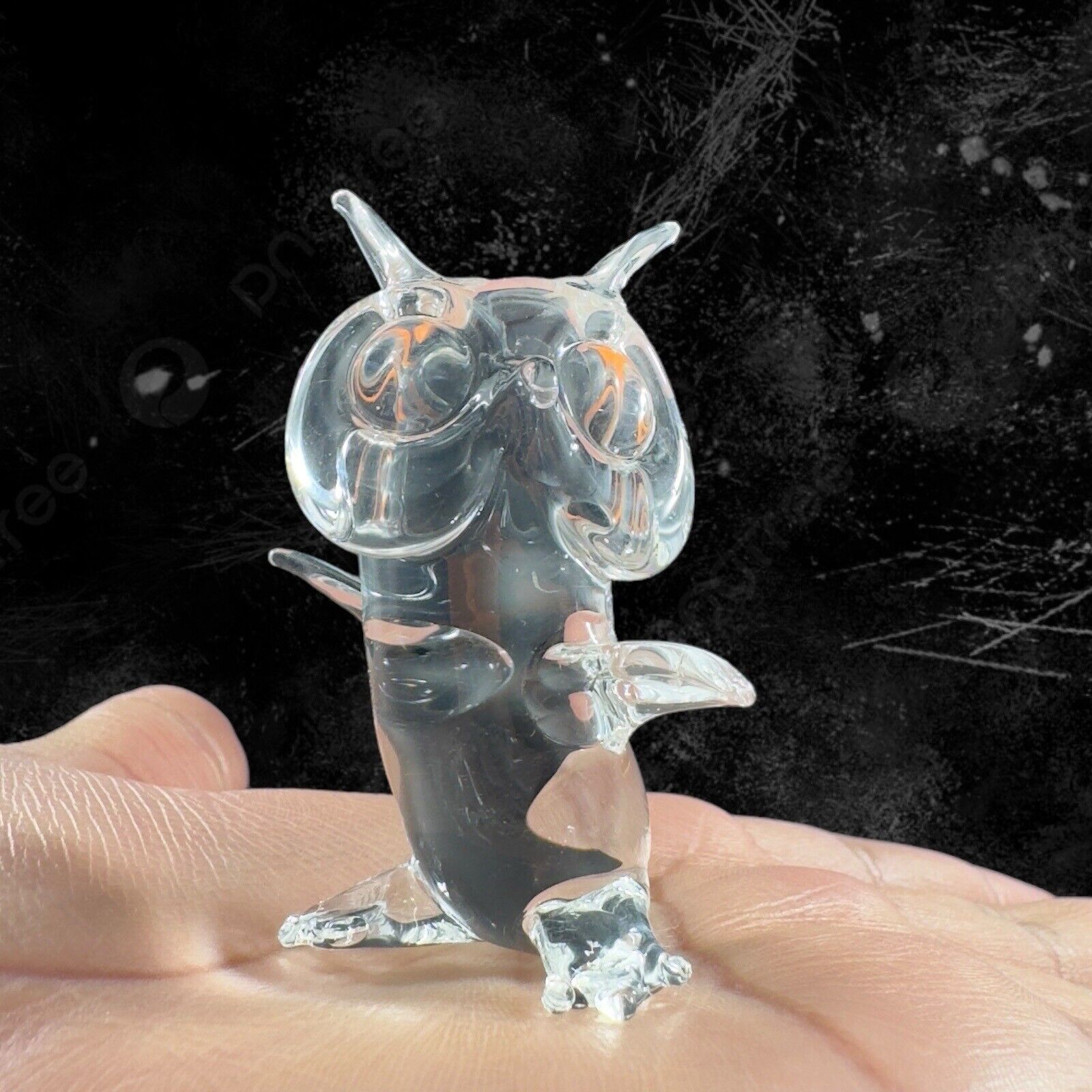 Hand Blown Clear Small Miniature Glass Owl Bird Figurine Whimsical Hand Made