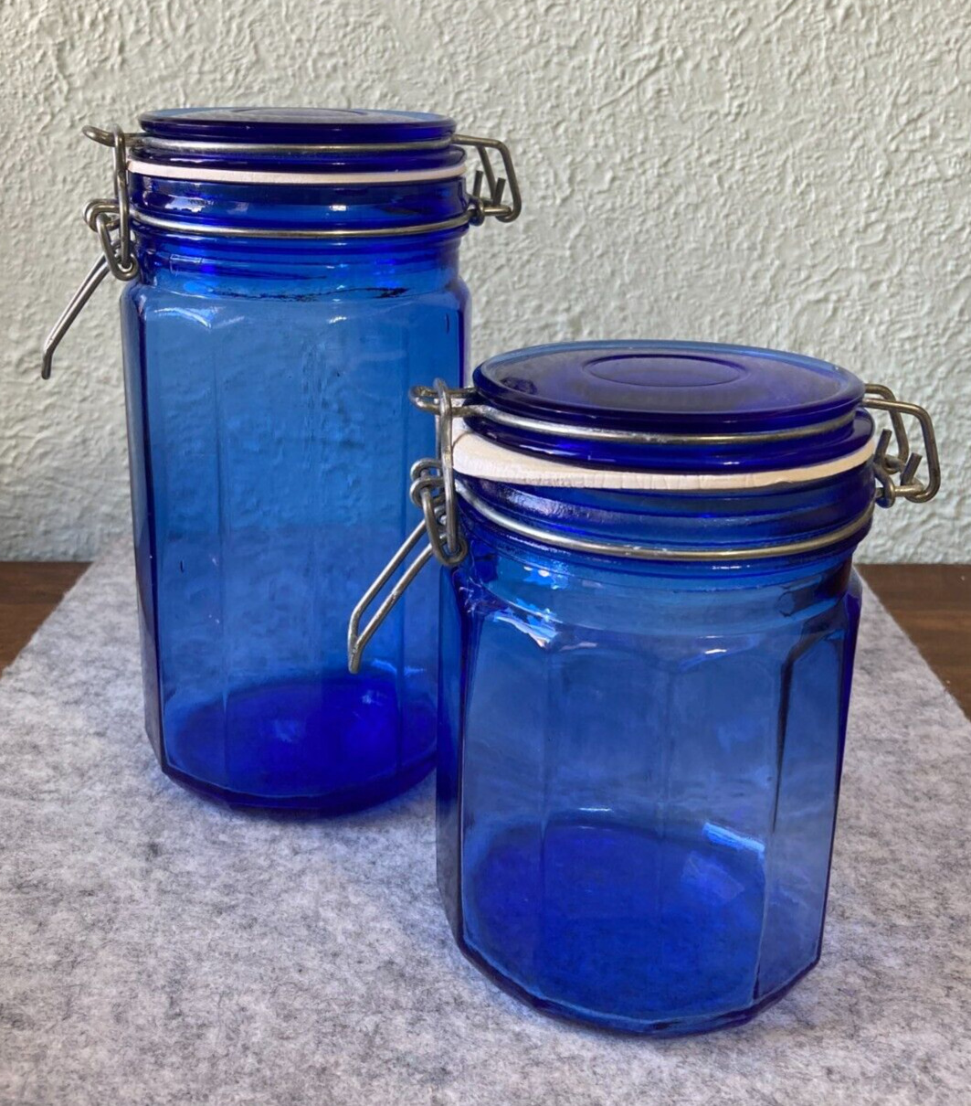 Vintage Cobalt Blue Glass 12 Panel Wire Bale Canister Jars Set of 2