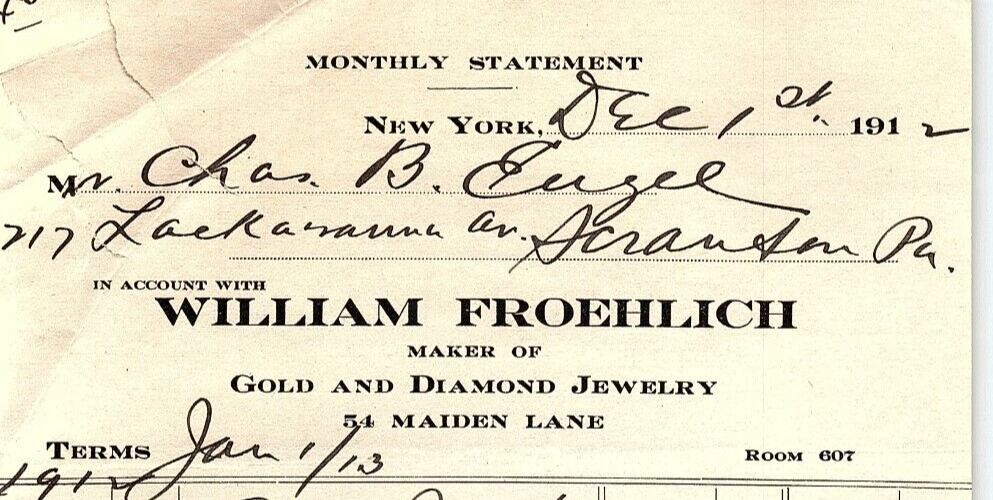 1912 WILLIAM FROEHLICH NEW YORK GOLD DIAMOND JEWELRY BILLHEAD STATEMENT Z2293