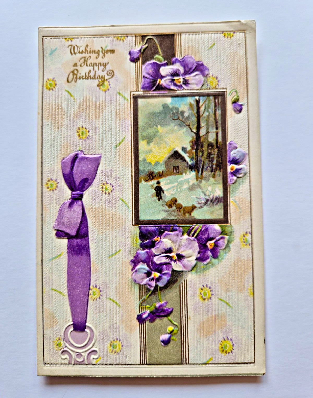 Antique Silk Appliqué Ribbon Embossed Birthday Postcard Pansies c1910 Germany