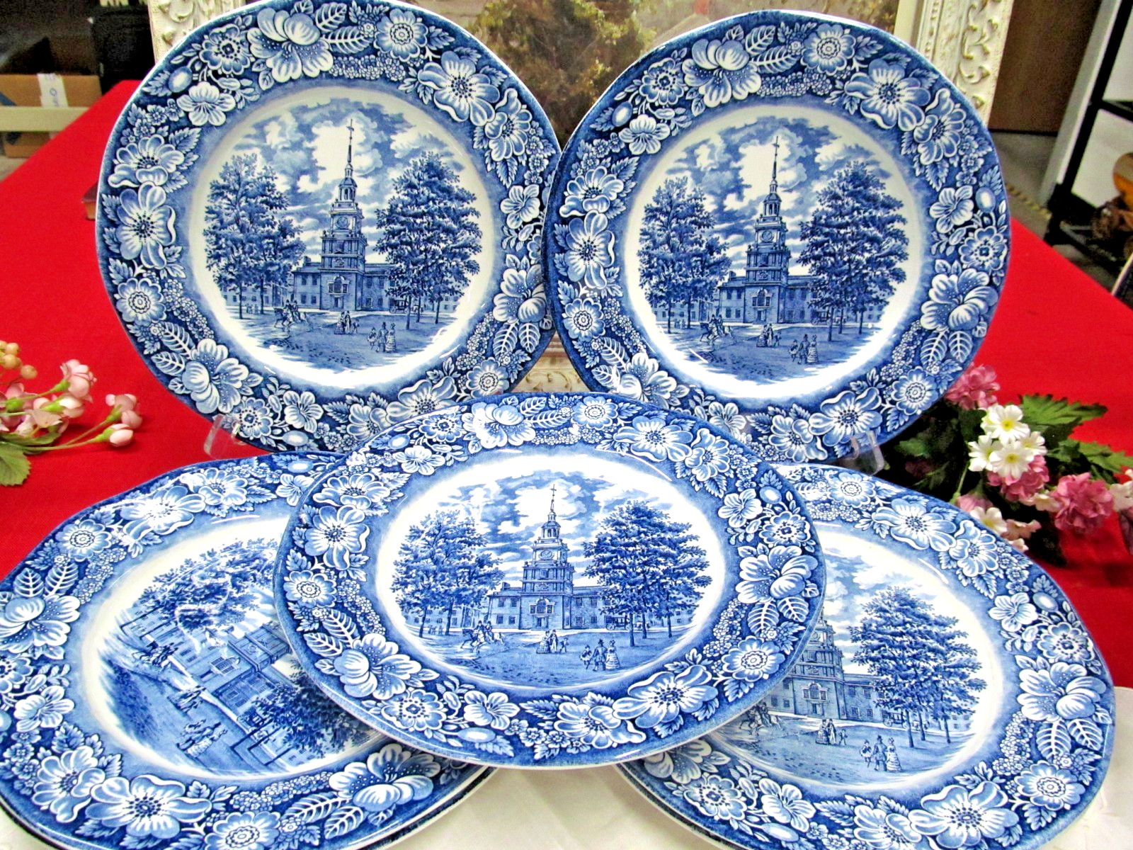 Liberty Blue Plates Independence Hall dinner plates set of 7  made in England