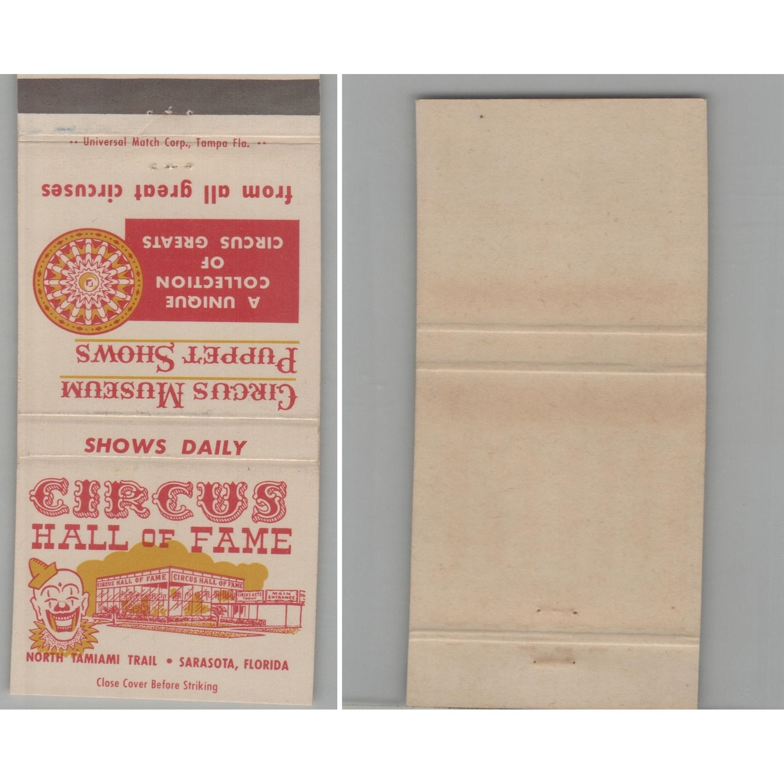 Matchbook Cover Circus Hall of Fame Sarasota FL