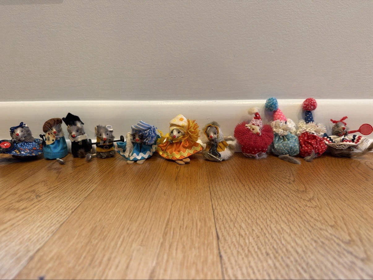 Lot of 11 Vintage Original Fur Mice W Germany Tags Skiers Skater Clowns Tennis