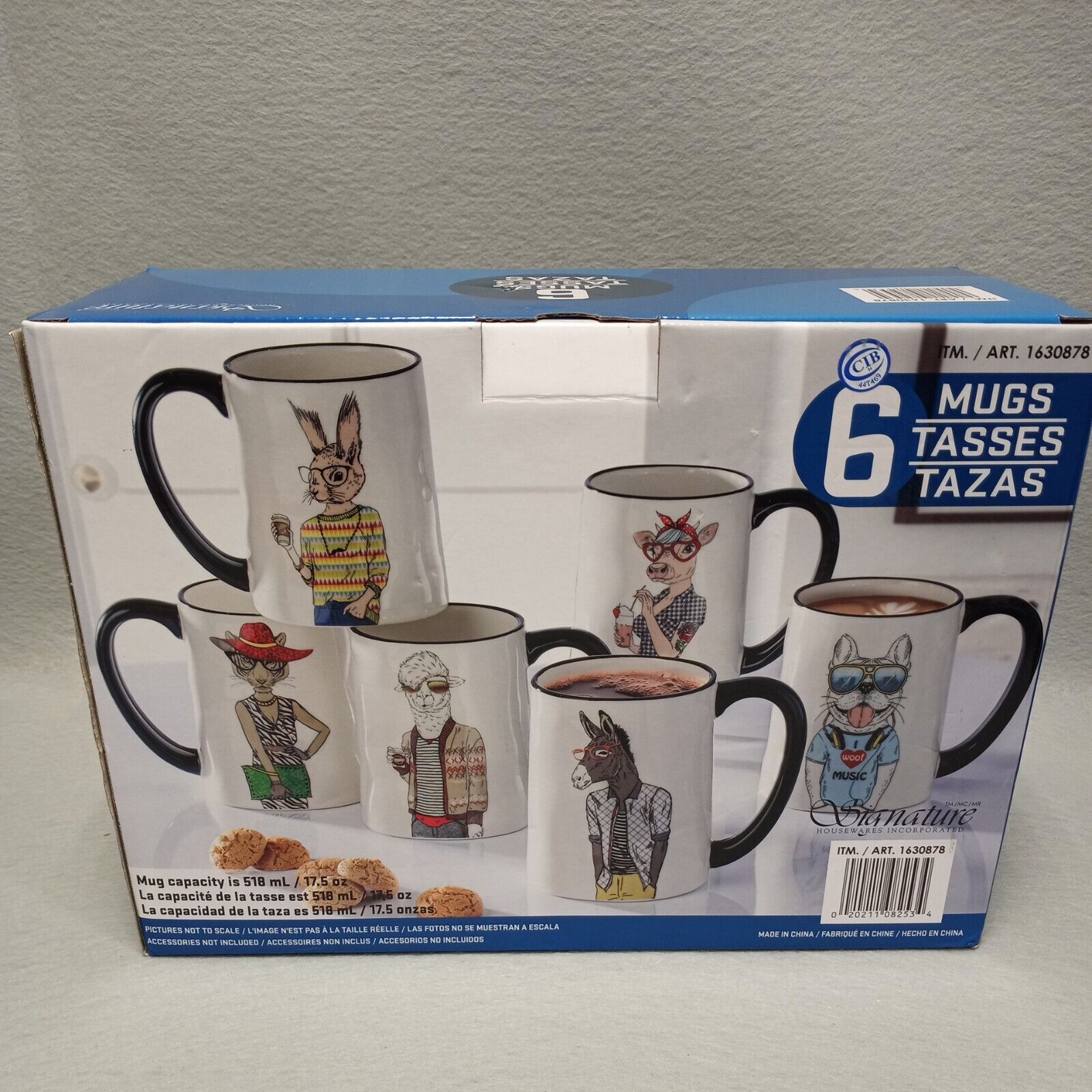Hipster Animal Coffee Mugs 6 Pc Set 17.5 Oz. Stoneware By Signature - NOB