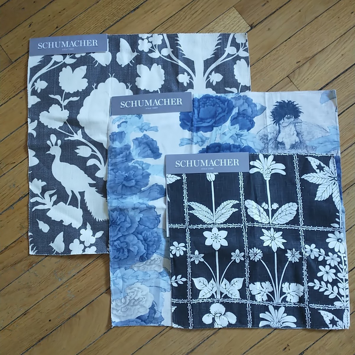 New SCHUMACHER Fabric Samples 100% Linen Floral Bird Square Lot Of 3 