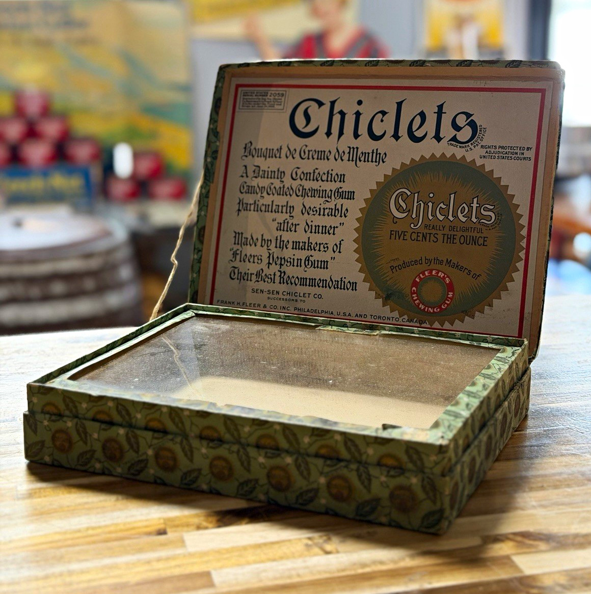 Antique c1906 Chiclets Chewing Gum Glass Counter Display Box Fleer Advertising