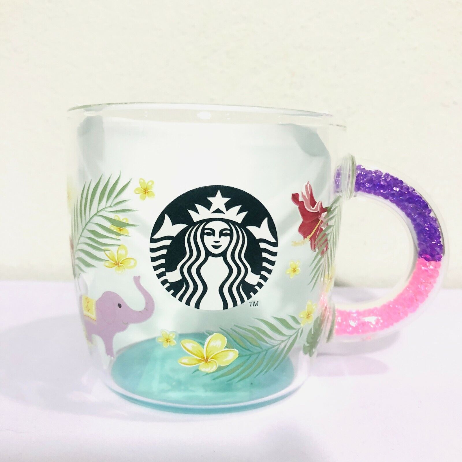 Starbucks Britney Glass Mug 12 oz.SONGKRAN Tropical Leaf Elephant Thailand 