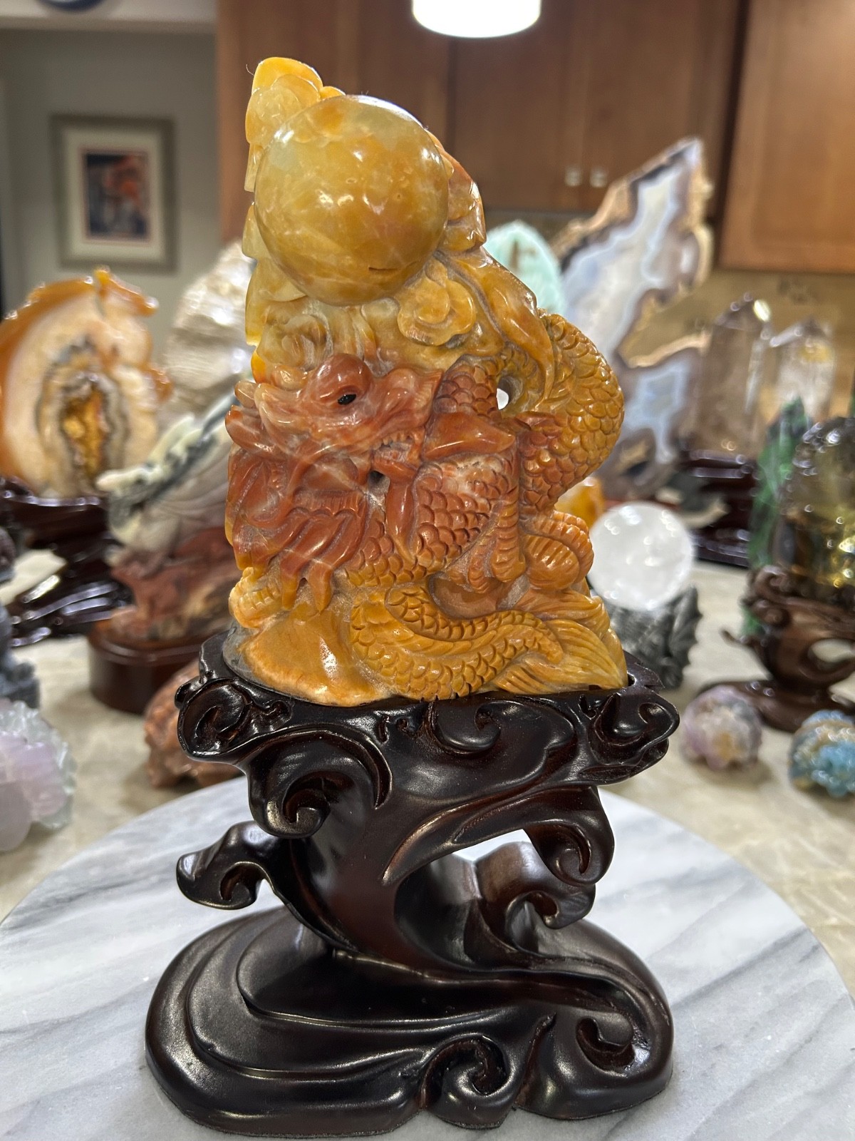 Amazonite Dragon Carving with custom wood stand Amazonite Dragon Carving with custom wood stand