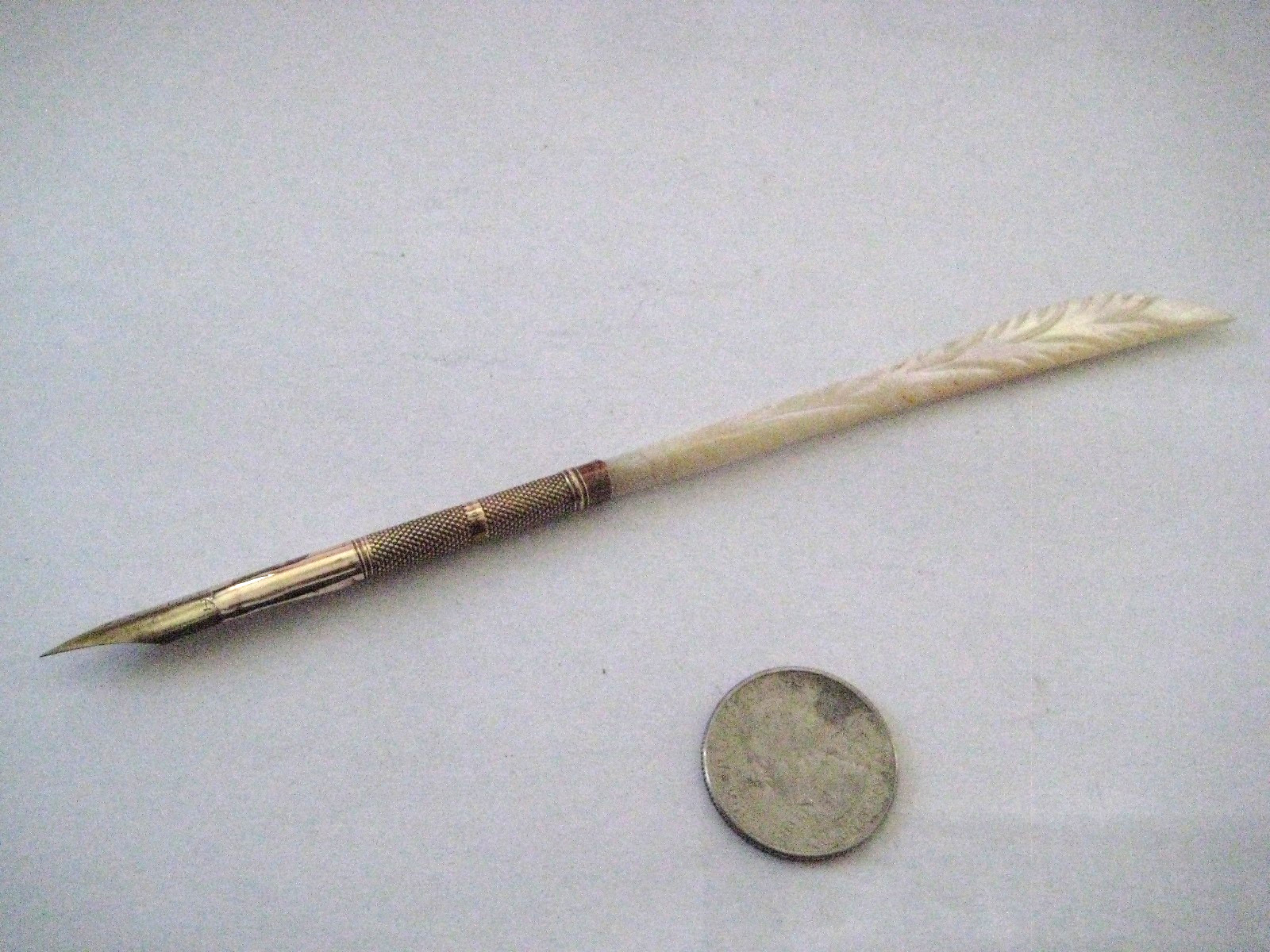 Antique Mother of Pearl ~ Gold Tone ~ Fountain Dip Pen Carved Stem Cororado No.2