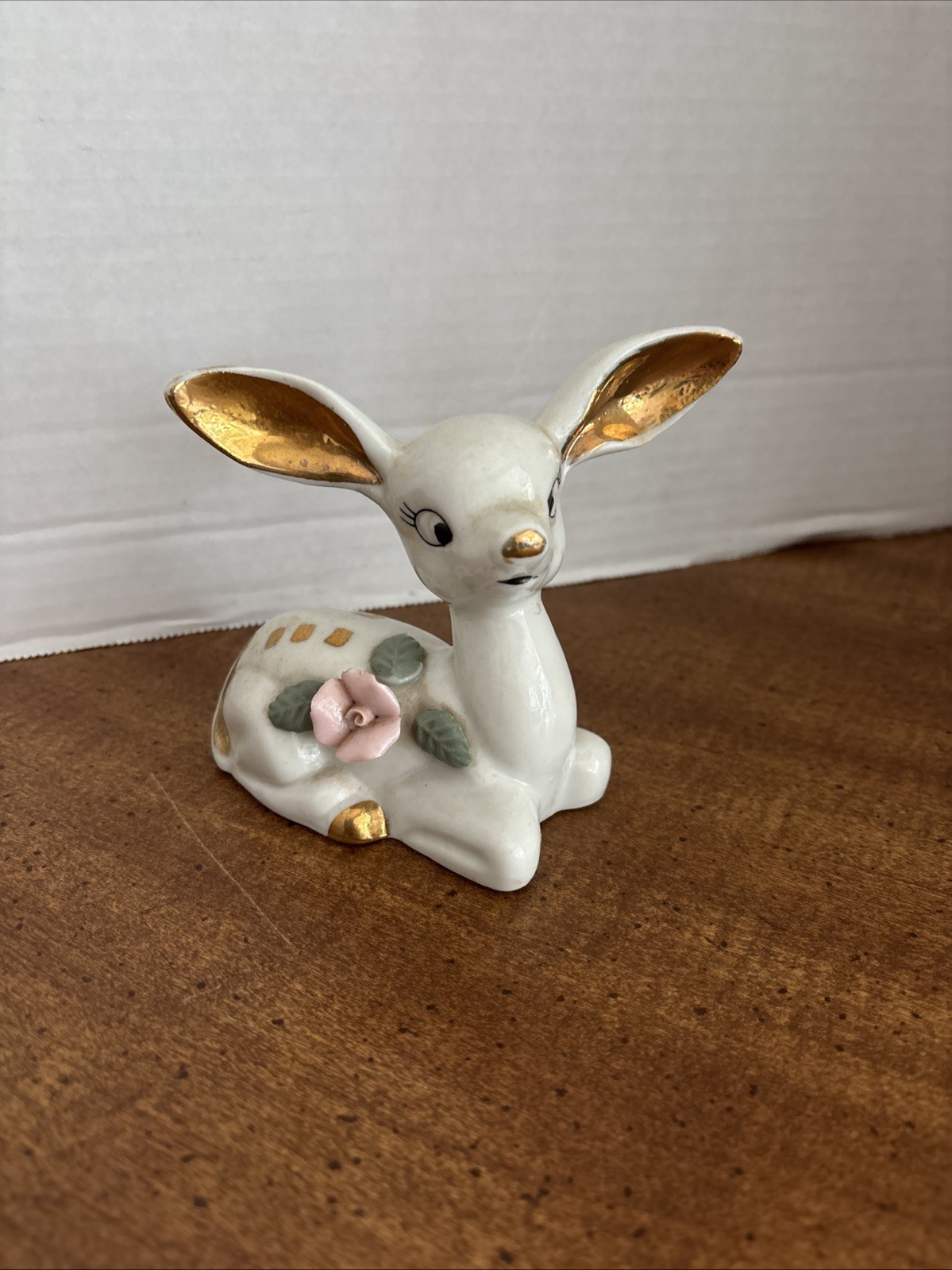 Handpainted Porcelain Deer Fawn Figurine White Gold Rose Vintage Chase Japan  4\