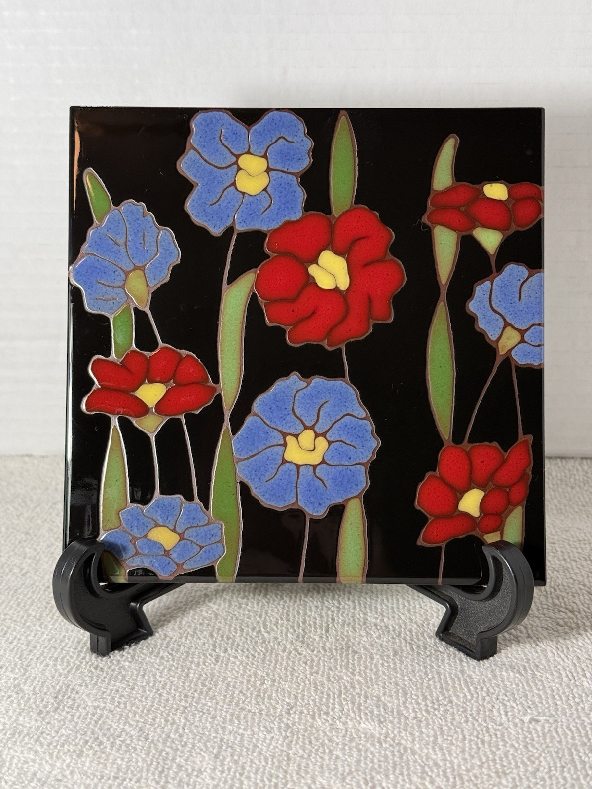 Vintage Besheer Art Tile Black with Red & Blue Flowers 6” Hand Painted