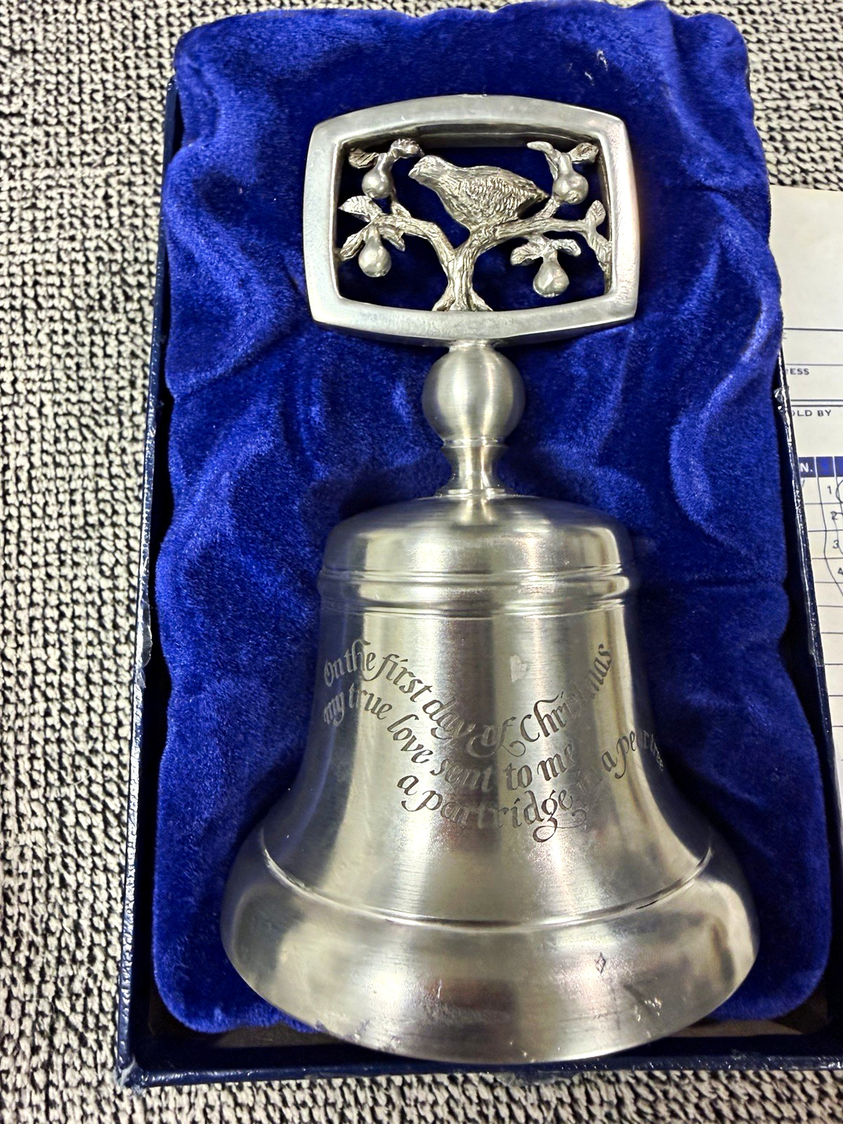 Vintage Crown and Rose Pewter Christmas Bell Partridge in Pear Tree 1978 Box Vintage Crown and Rose Pewter Christmas Bell Partridge in Pear Tree 1978 Box