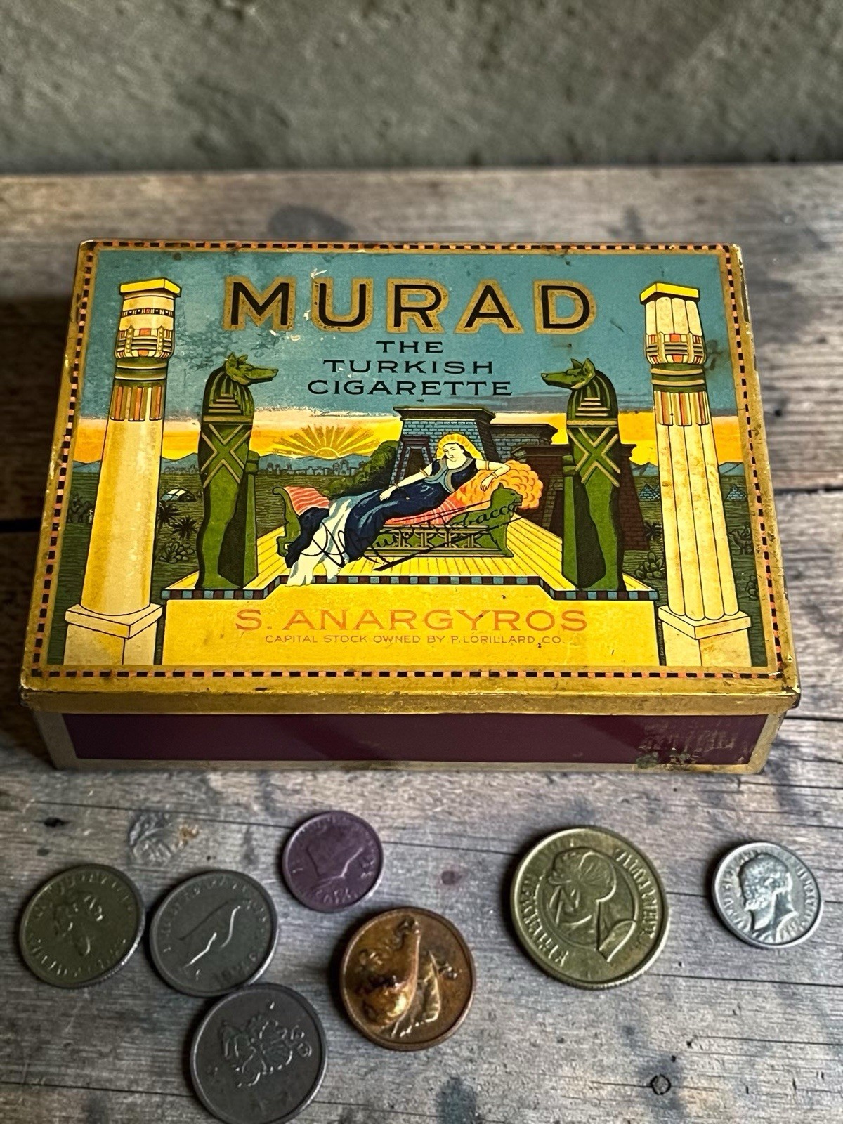 Vintage Murad Turkish Cigarette Tin 100 Count S. Anargyros Litho Tobacco Box