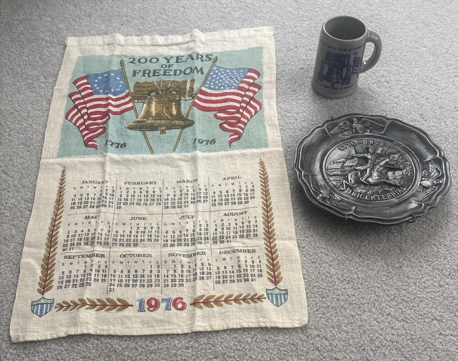 Vtg 1976 Bicentennial Lot, includes Liberty Bell Mug, Tea Towel & Ceramic Plate