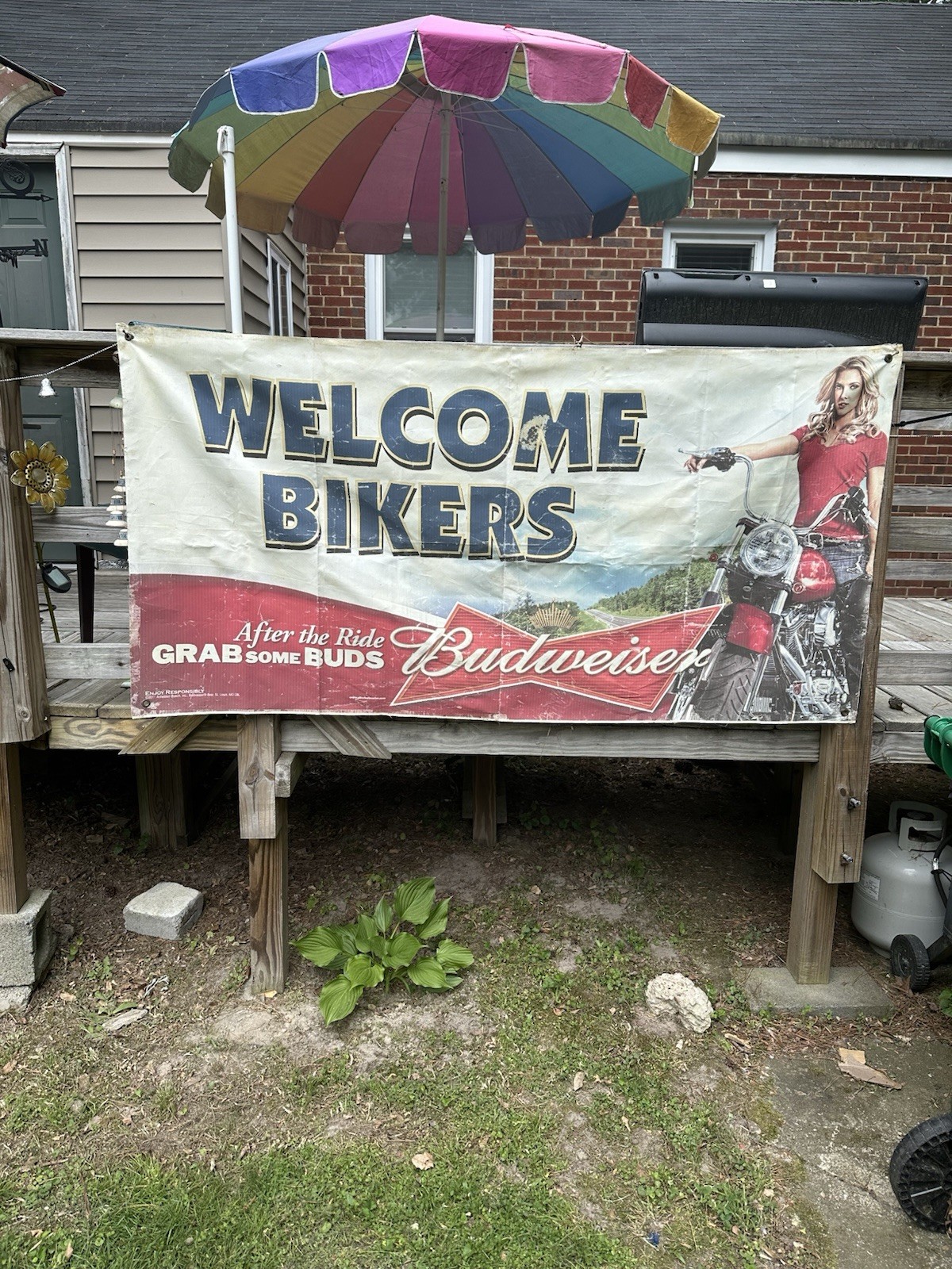 BUDWEISER WELCOME BIKERS-AFTER THE RIDE GRAB SOME BUDS BEER BANNER 70”x 36” USED
