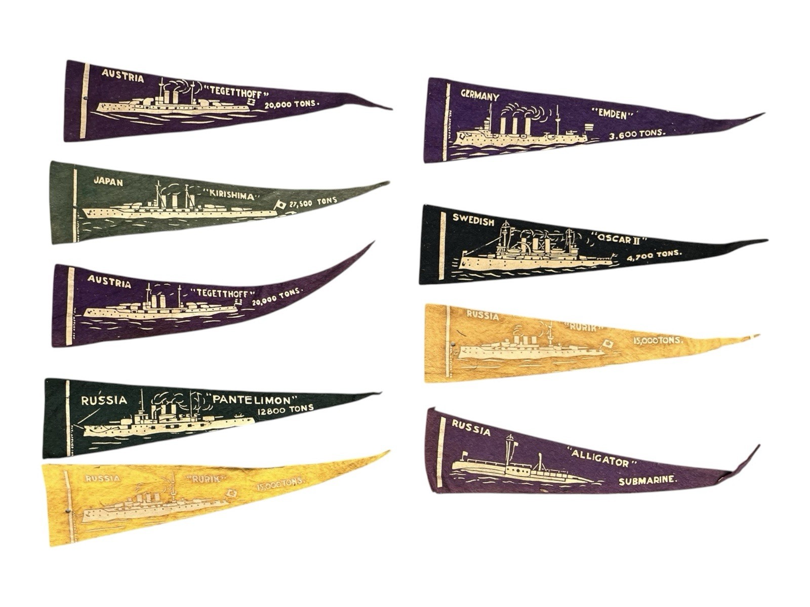 Lot of 9 WW1 Holsum Bread Naval Ship Felt Pennants Foreign Ships German Russian
