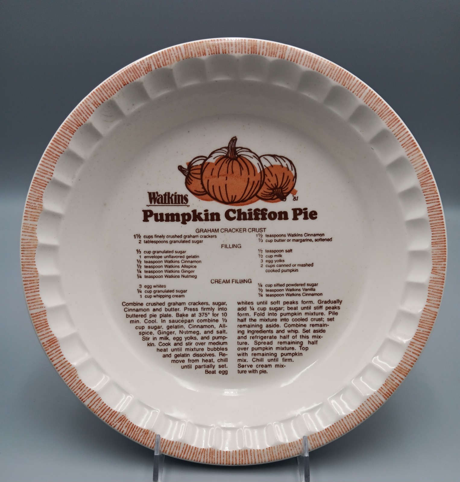 VINTAGE WATKINS PUMPKIN CHIFFON PIE PLATE WITH RECIPE 1981