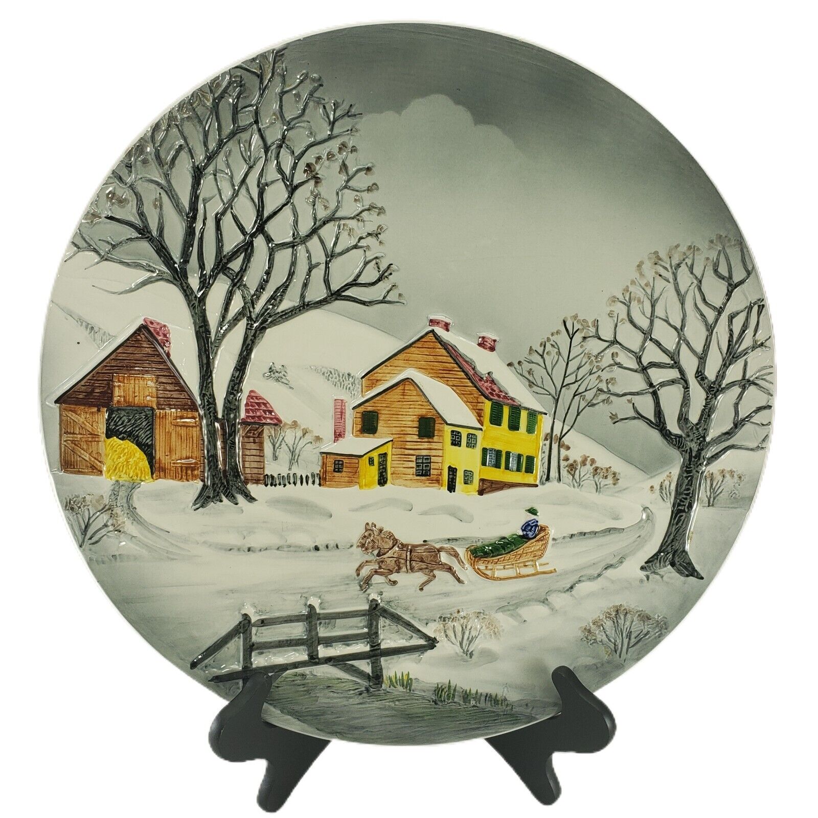 Vintage West Germany Wall Plate Decor 3D Winter Scene Horse 16