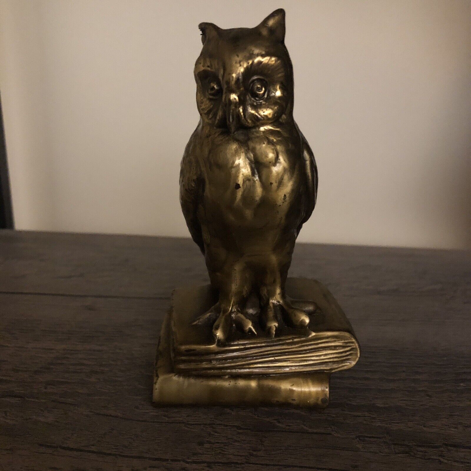 VTG Gold Tone Pewter Owl on Books Figurine 4.75\