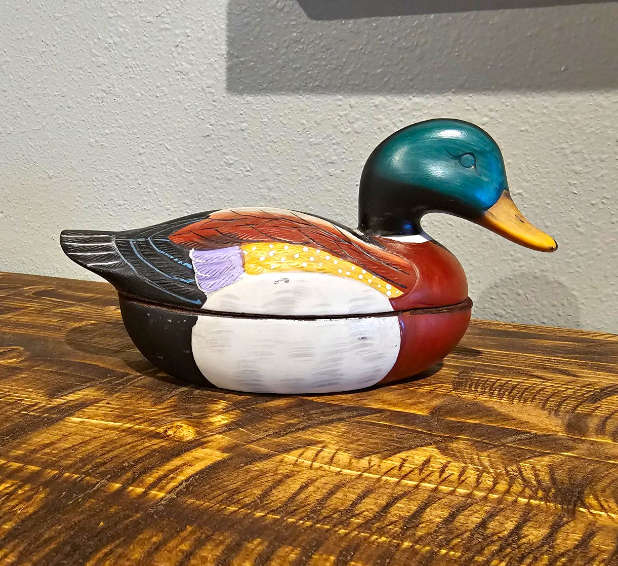 Vintage Ceramic Mallard Duck Trinket Box Painted Decoy Style Collectible