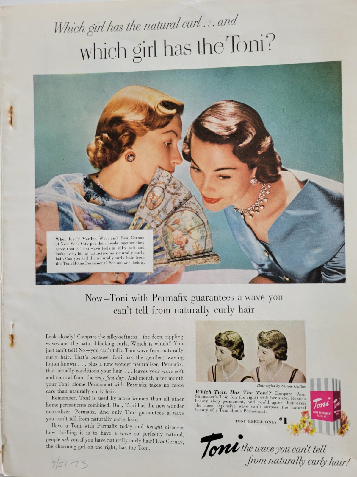 1951 Which girl has the Toni home hair permanent w Permafix vintage ad