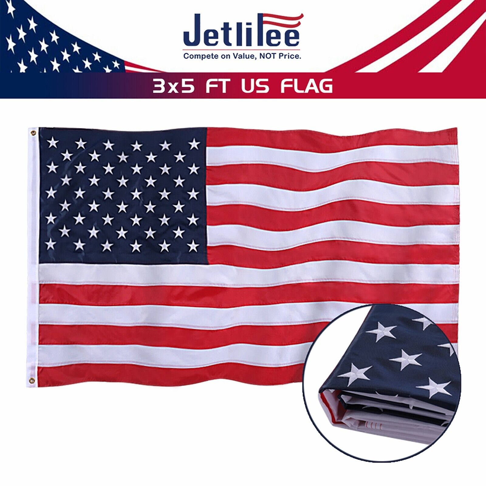 Jetlifee American Flag 3x5 ft US Flag UV Protected Embroidered Stars 210D Nylon