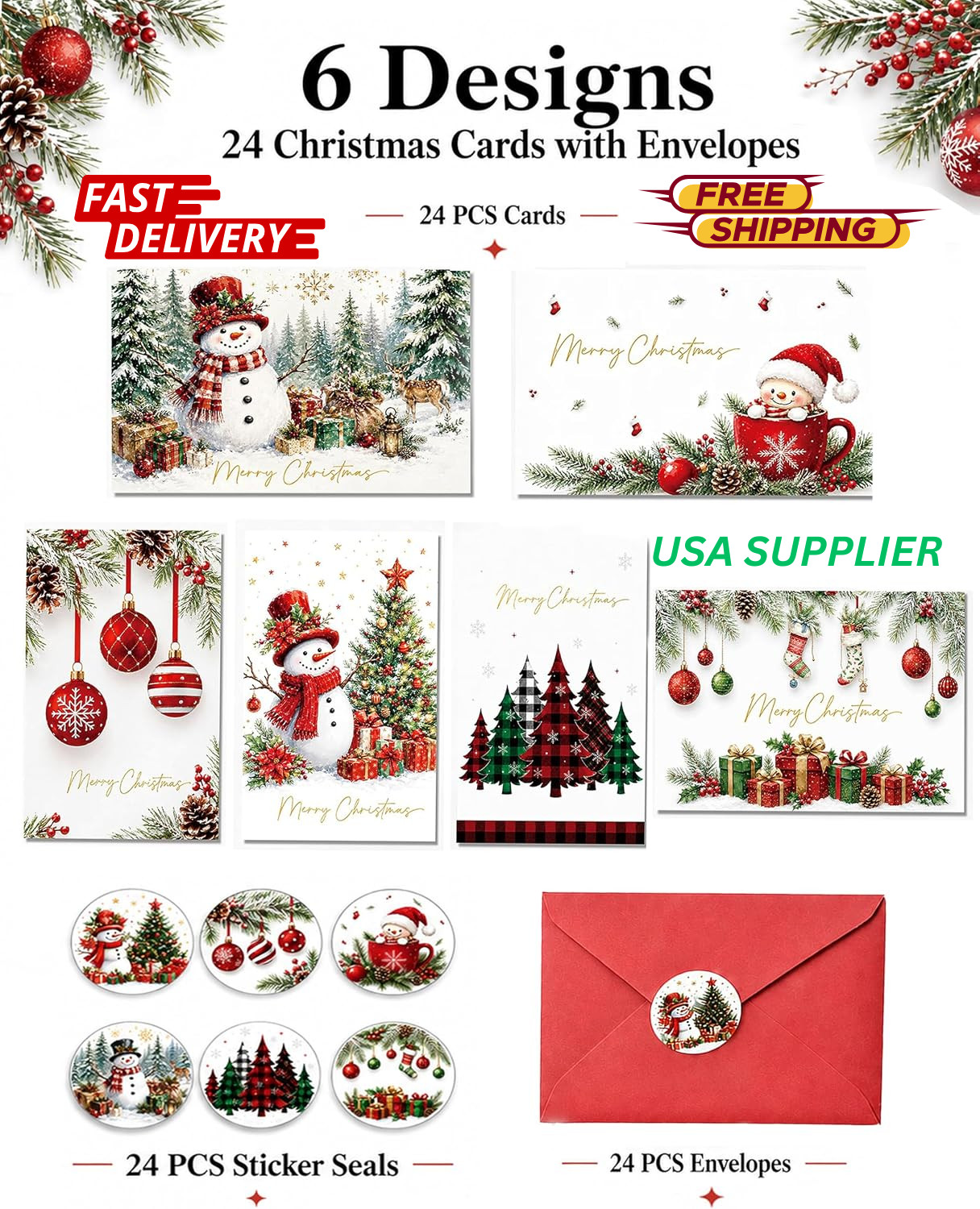 Christmas Cards Set 24 PACK Boxed Cards Envelopes Stickers Merry Christmas 2026