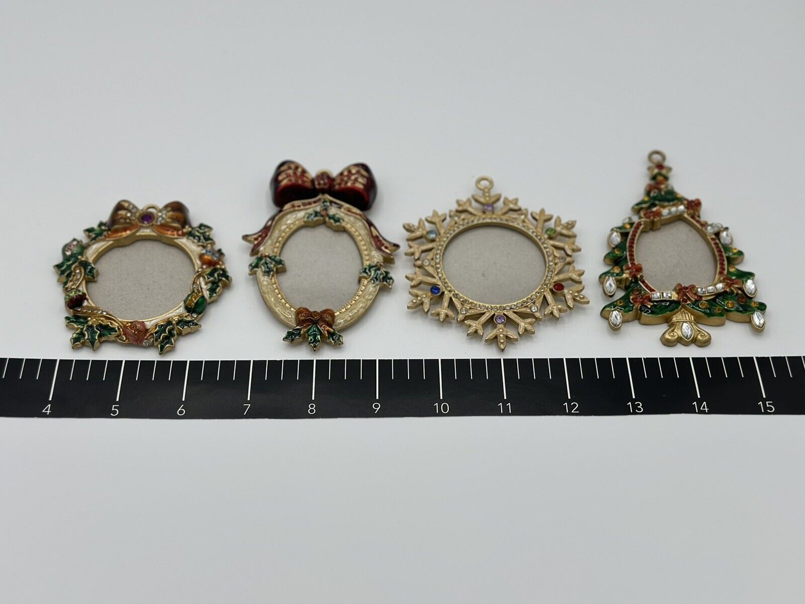  Christmas Ornament Enameled/Jeweled Picture Frame Ornament Lot (Gold Tone) 