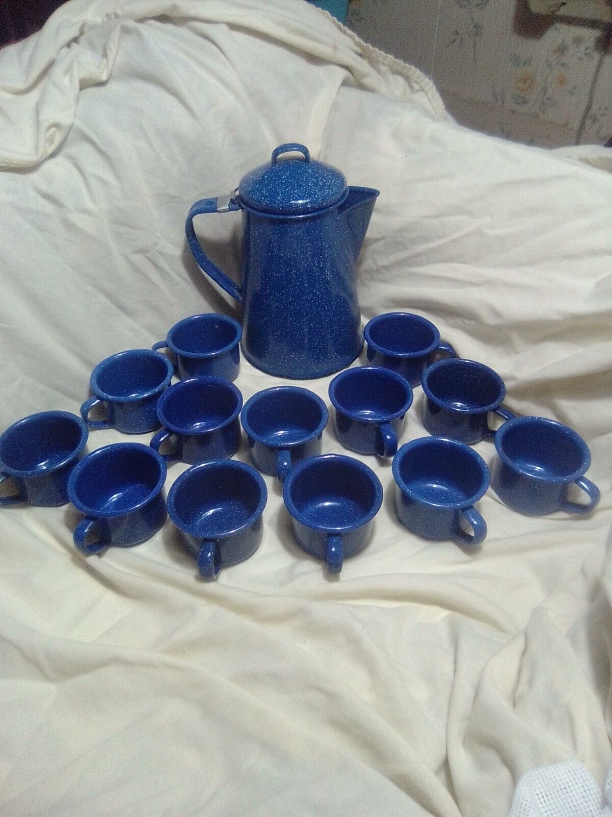 vintage blue speckled enamelware coffee pot With Mini Cups (13)