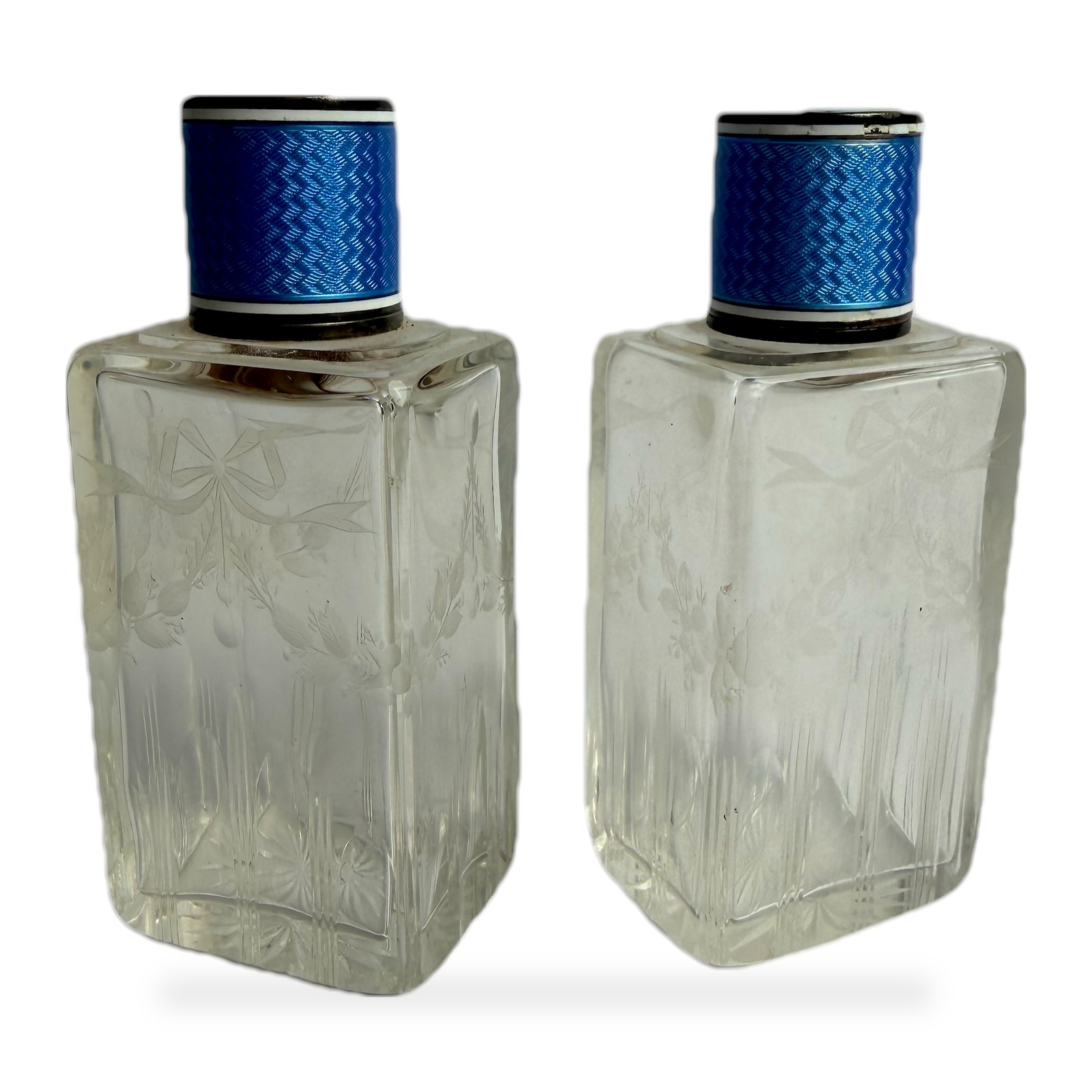 Pair Antique French Silver Blue Guilloche Enamel Cut Glass Scent Perfume Bottles