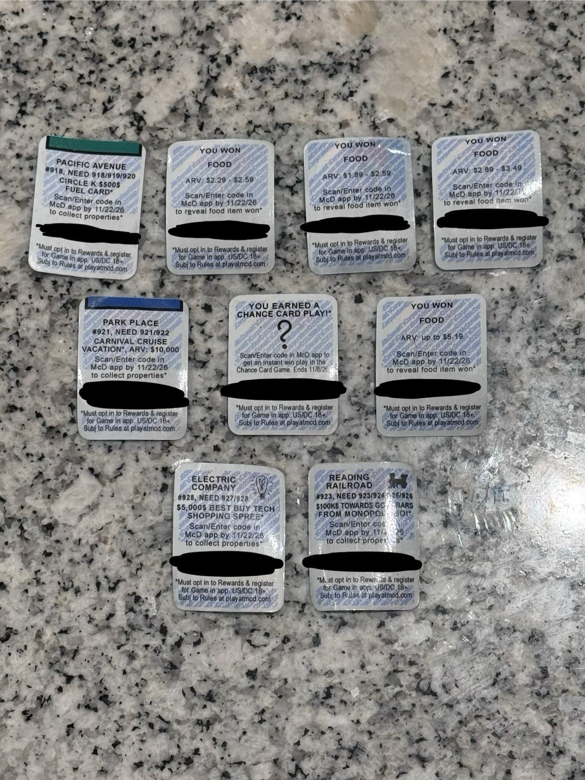 McDonald\'s Monopoly UNREDEEMED CHANCE, FOOD, PARK PLACE, READING RAILROAD McDonald\'s Monopoly UNREDEEMED CHANCE, FOOD, PARK PLACE, READING RAILROAD