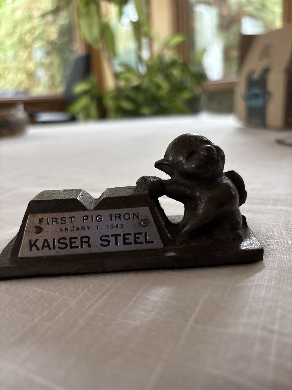 Vintage Kaiser Steel Cast Iron Pig Paper Weight With Original Plaque
