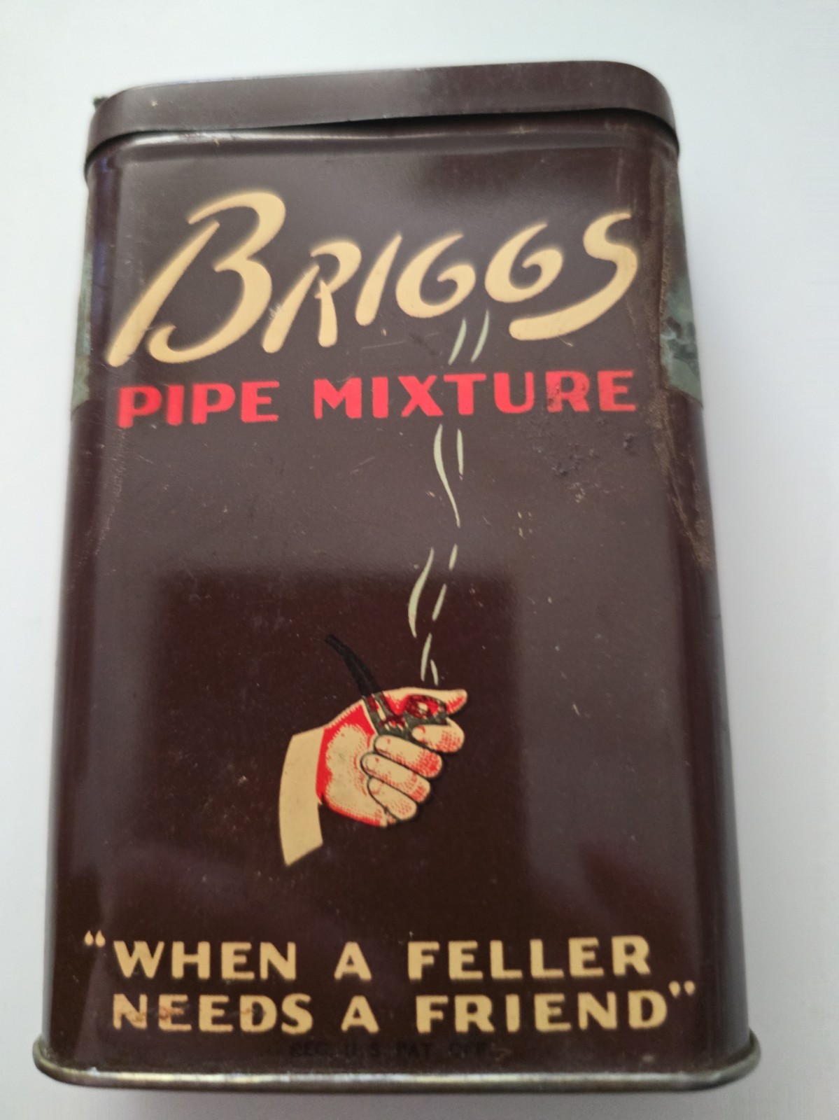 Vintage Briggs Pipe Mixture Tobacco Pocket Tin - When a Feller Needs a Friend