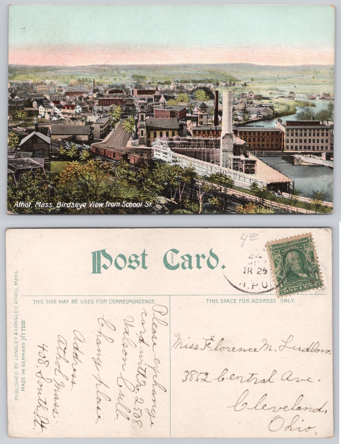 Athol, Mass. Birdseye View from School St. Postcard 1907-1915