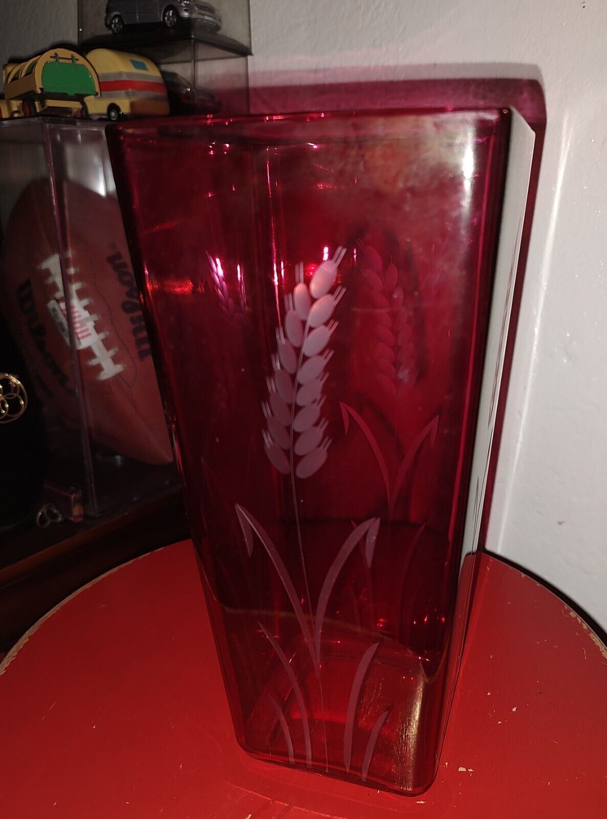 Cranberry Wheat Etched Square Vase 10\