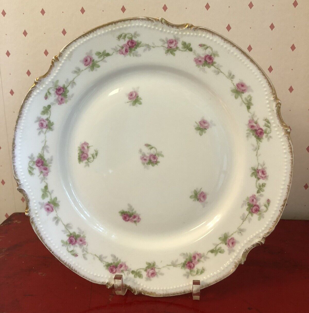 Antique Coronet Limoges France Plate Porcelain B. MoeM Pink Roses Gold Trim