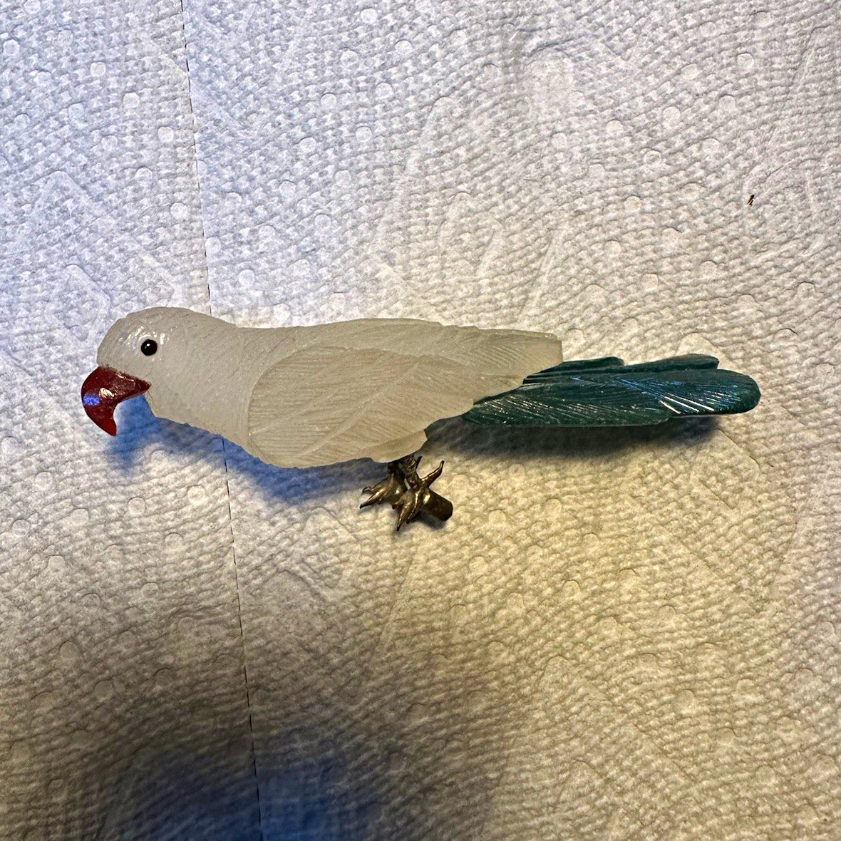 Vintage Carved Stone Parrot Bird Figurine Quartz? Green Tail 5.5\