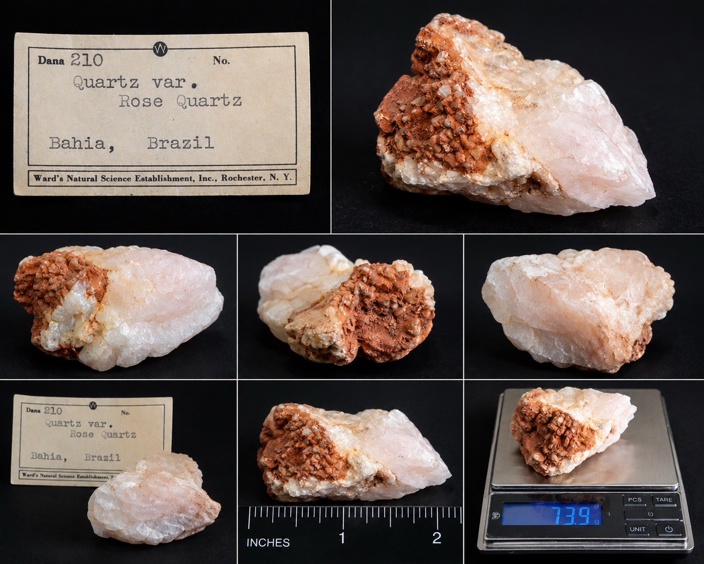 Vintage Ward’s Rose Quartz Bahia Brazil 73.9g Mineral Specimen Old Label