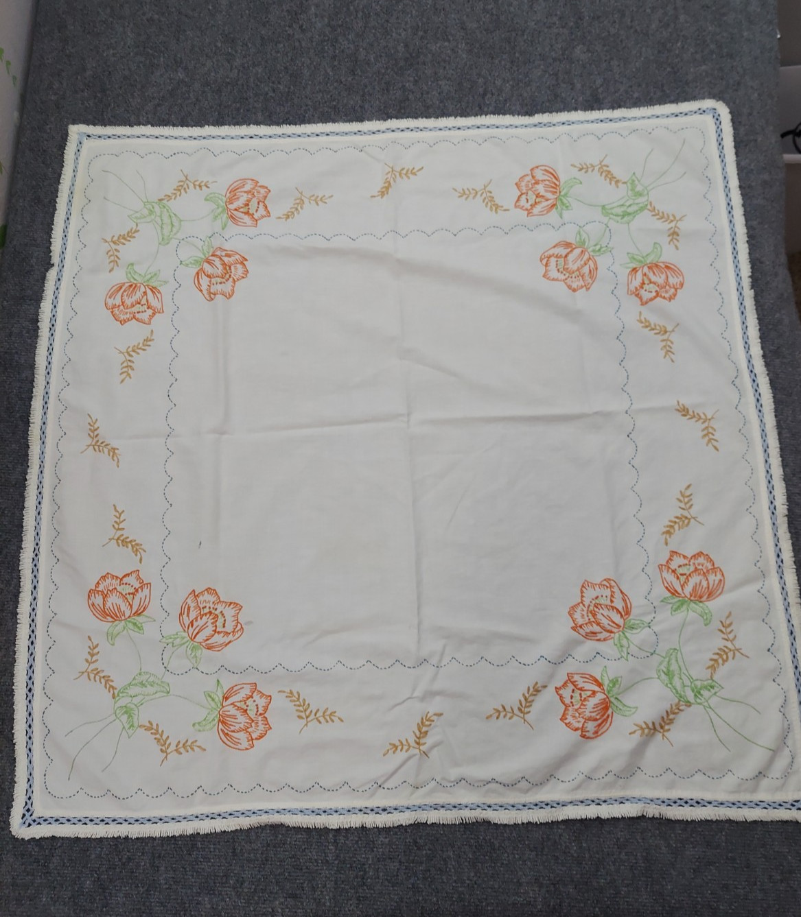 VTG Tablecloth Square 36x36 Hand Embroidered Orange Floral Fringe MCM Deco