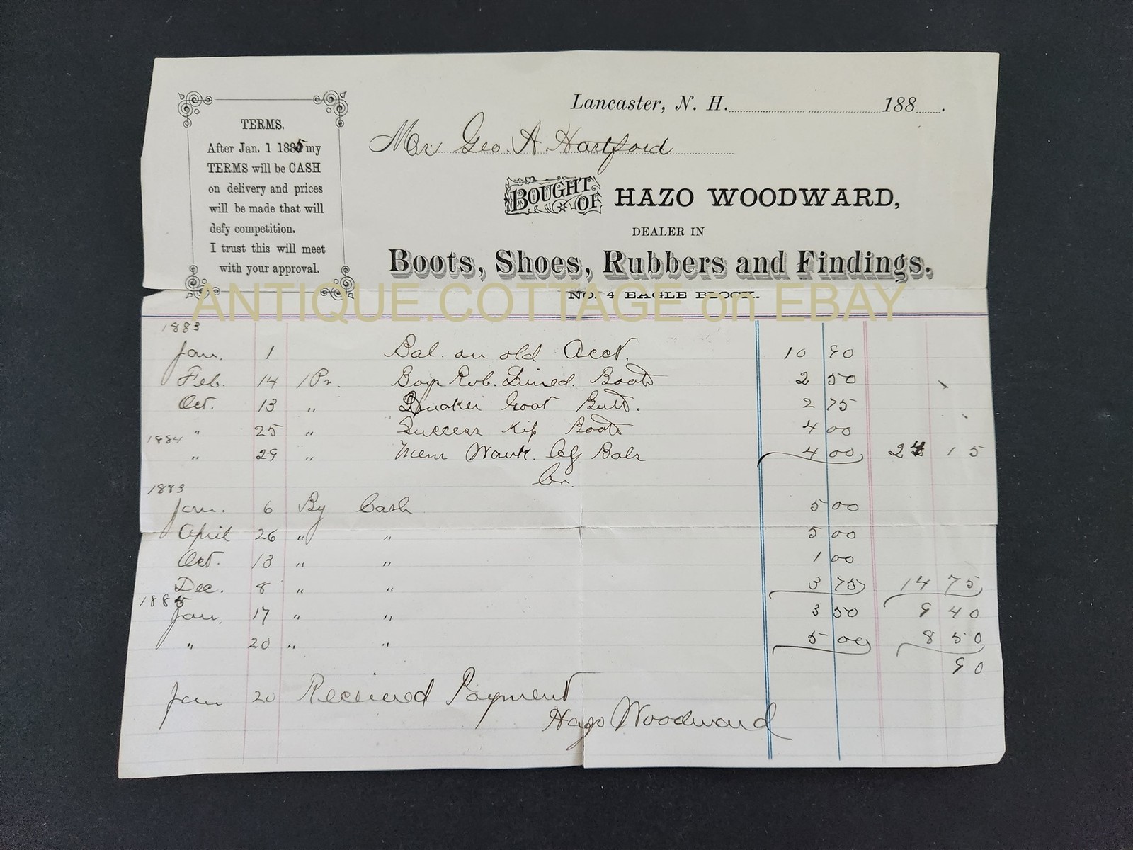 1880 antique BILLHEAD lancaster nh HAZO WOODWARD boots shoes rubbers findings