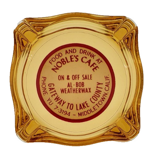 Vintage Amber Glass Marketing Ashtray / Noble\'s Cafe / Middletown California CA